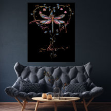 Faith Hope Liebe Dragonfly Floral Heart Black