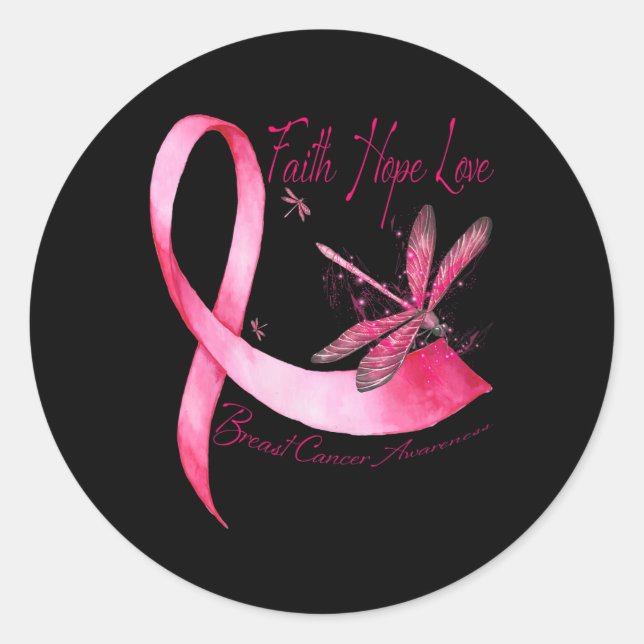 Faith Hope Liebe Dragonfly Pink Ribbon Brust Cance Runder Aufkleber (Vorderseite)