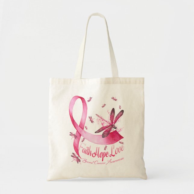 Faith Hope Liebe Dragonfly Pink Ribbon Brust Tragetasche (Vorne)