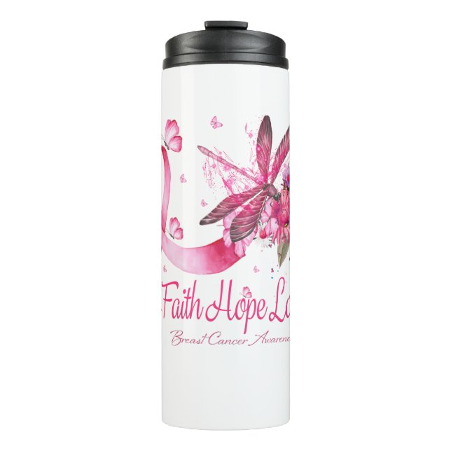 Faith Hope Liebe Dragonfly Ribbon Brustkrebs Thermosbecher (Vorderseite)
