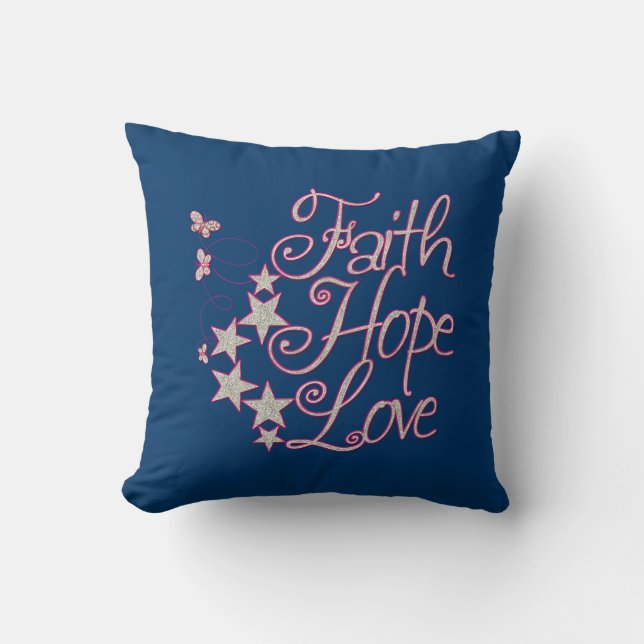 Faith Hope Liebe Hot Pink Gray Navy Blue Kissen (Vorderseite)