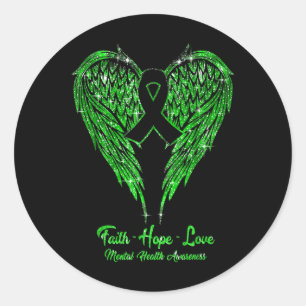 Faith Hope Liebe Wings Ribbon Green Mental Health  Runder Aufkleber