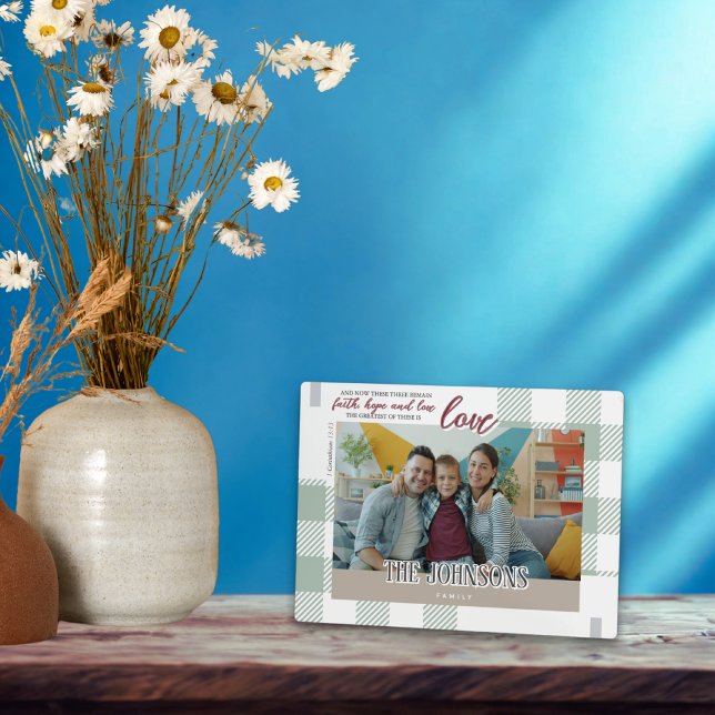 Faith HopeLove Modern Green Family Photo Scripture Fotoplatte (Von Creator hochgeladen)