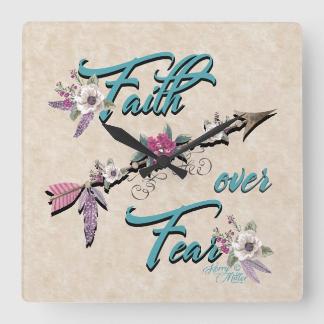 Faith Over Fear Square Wall Clock Quadratische Wanduhr (Vorderseite)