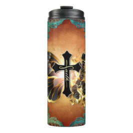 Faith-Schmetterling mit Gold und Aquamarinem Hinte Thermosbecher
