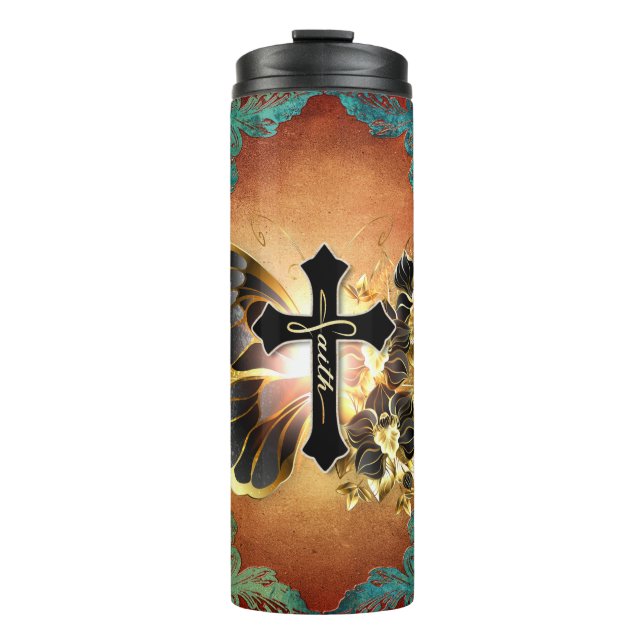Faith-Schmetterling mit Gold und Aquamarinem Hinte Thermosbecher (Vorderseite)