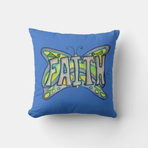 Faith Word Art Blue Butterfly Accent Throw Pillows Kissen
