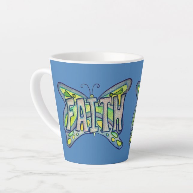 Faith Word Art Blue Butterfly Flügel Latte Tasse C (Linke Ecke)