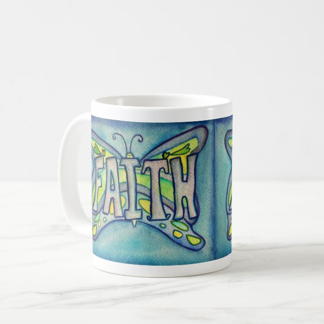 Faith Word Art Blue Butterfly Wings Kaffee Tasse (Vorderseite Links)