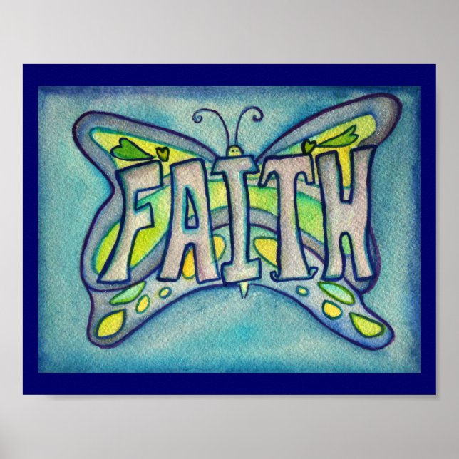 Faith Word Blue Butterfly Poster Art Prints (Vorne)