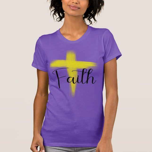 Faith Yellow Brush Cross Inspirational Women T-Shirt (Vorderseite)