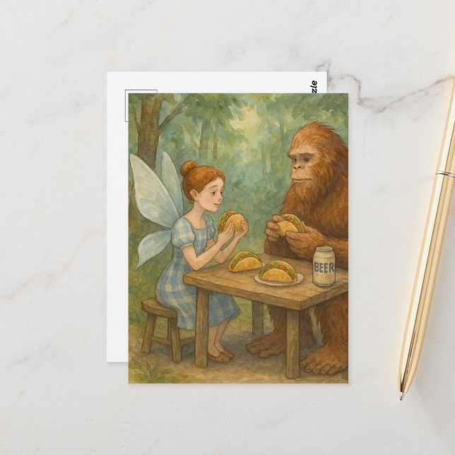 Faiy and Sasquatch Eating Tacos Fantasy Art Postkarte (Vorderseite/Rückseite Beispiel)