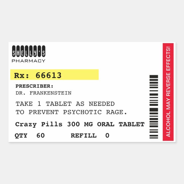 Fake Crazy Pillen Verschreibung Label Halloween Pr Rechteckiger Aufkleber (Vorderseite)