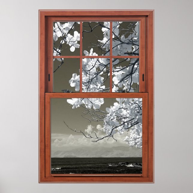 Fake-Fenster - Ominrot-Weiße Blume Blüten Poster (Vorne)