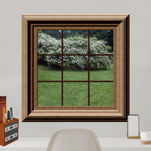 Fake-Fenster-Szenen-friedlicher Rasen-Blumenbüsche Poster