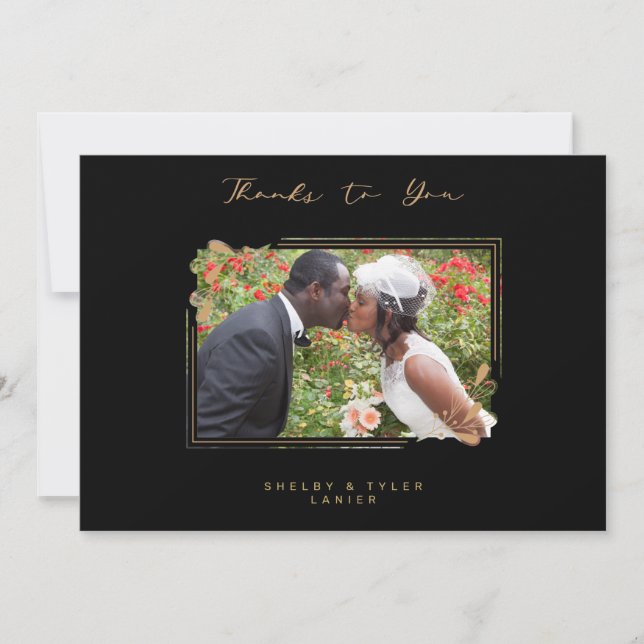 Fake Golden Branches Fancy Calligraphy Photo Dankeskarte (Vorderseite)