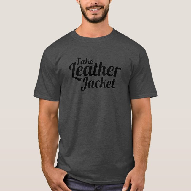 Fake-lederne Jacke - Schwarzes auf grauem T - T-Shirt (Vorderseite)