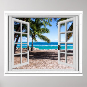 Fake mit Palmen am Strand Blick aufs Meer Poster