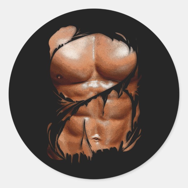 Fake Muskel unter Kleidung Sixpack Ripped Abs Blac Runder Aufkleber (Vorderseite)