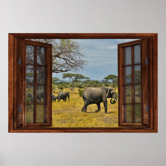 Fake Window Illusion - Afrikanische Elefanten Poster (Vorne)