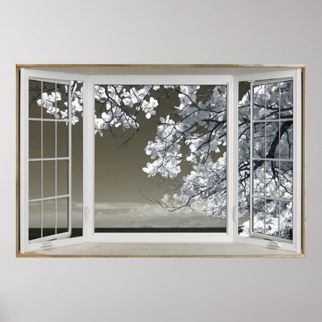 Fake Window Illusion - Ominrot-weiße Blossom-Ansic Poster (Vorne)