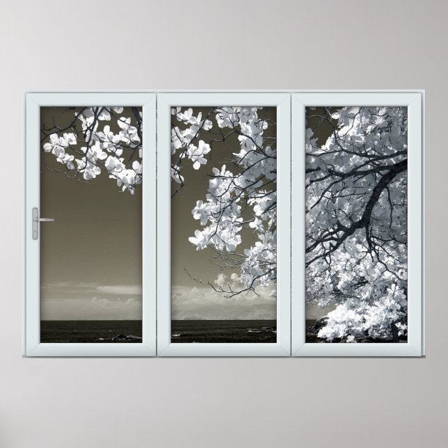 Fake Window Illusion - Ominrot-weiße Blüten Post Poster (Vorne)