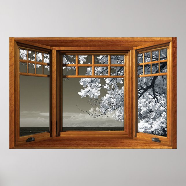 Fake Window Illusion - Ominrot-weiße Blüten Poster (Vorne)
