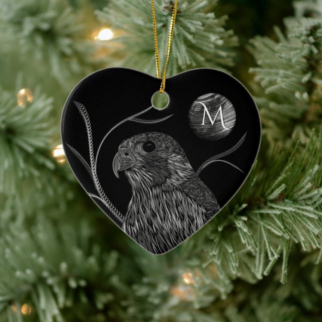 Falcon Full Moon Monogram Black Keramik Ornament (Baum)