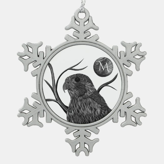 Falcon Full Moon Monogram Schneeflocken Zinn-Ornament (Vorderseite)