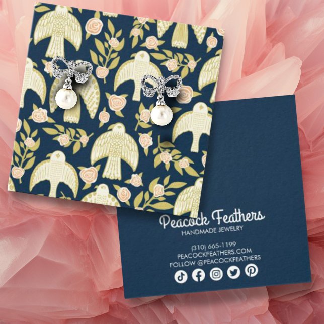 Falcons et Roses portant collier bijouterie (Earring or necklace jewelry display cards with a fun falcon and flower pattern. Social media icons )