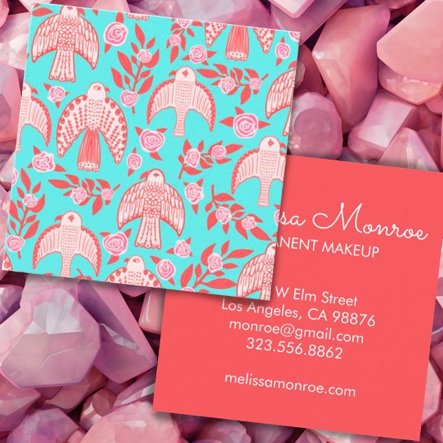 Falcons & Rose Elegante Boho Aqua Pink Quadratische Visitenkarte (Von Creator hochgeladen)