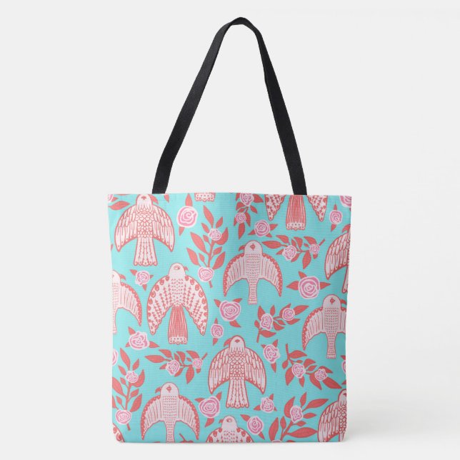 Falcons & Rose Elegantes Illustriertes Blau Rosa Tasche (Vorderseite)