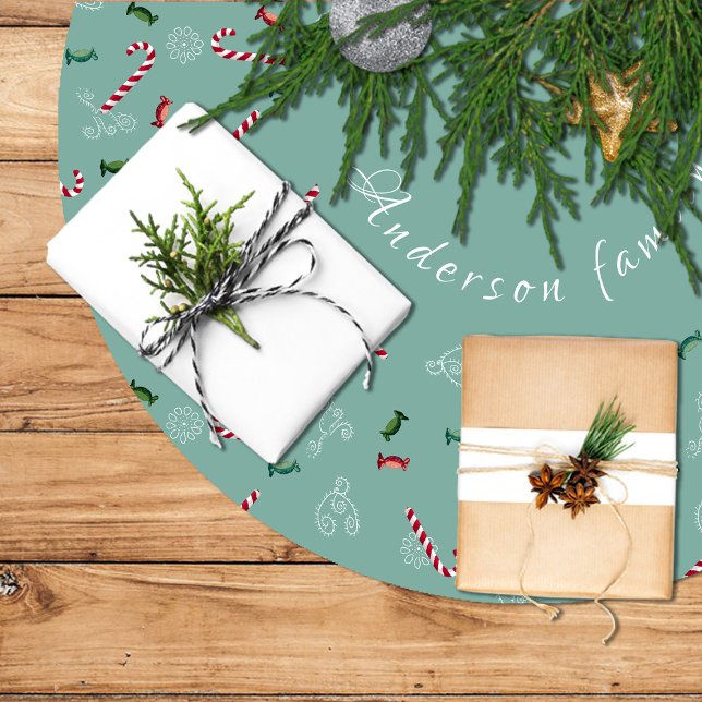 Falda para Árbol de Navidad, candy cane Polyester Weihnachtsbaumdecke (Candy canes and candies on a turquoise background brushed polyester tree skirt
)
