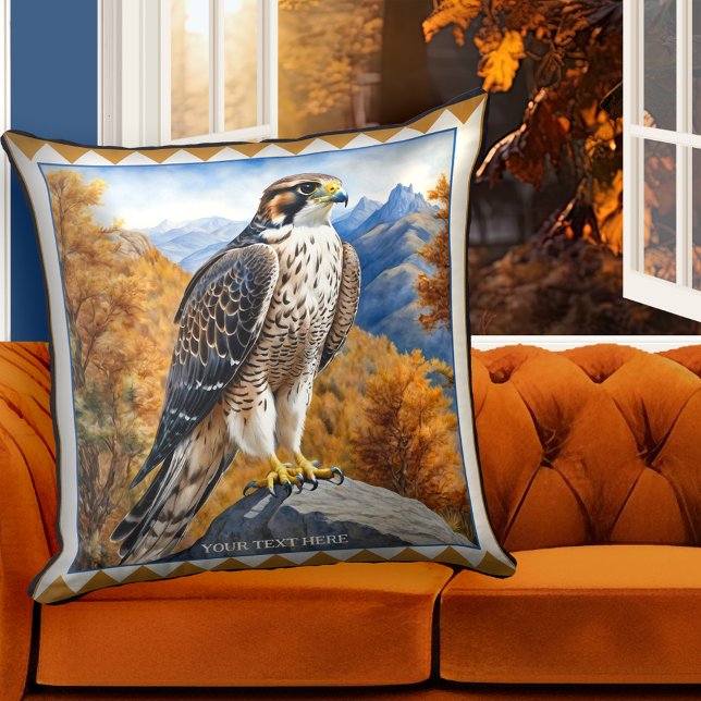 Falken in den Bergen Tierart Kissen (Pillow featuring a painting of a falcon in a mountain landscape. Great for anyone who loves birds.)