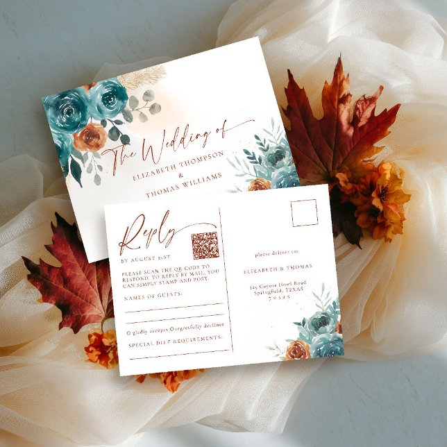 Fall Aquamarin Burnt Orange Boho Romantic QR Code  Postkarte (fall in love wedding reply rsvp postcard meal teal burnt orange terracotta watercolor floral botanic)