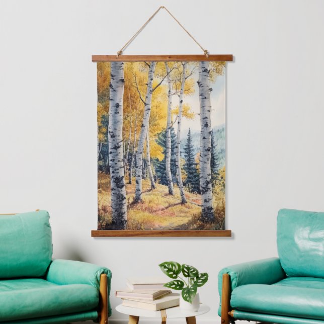Fall Autumn Birch Trees Nature Landscape Art Wandteppich Mit Holzrahmen (Wohnzimmer)