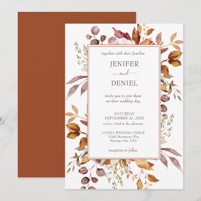 Fall Autumn Leaves Rustic Country Boho Wedding Einladung (Vorne/Hinten)