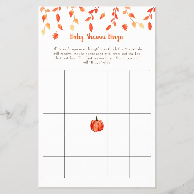 Fall Autumn Little Pumpkin Baby Shower Bingo Game Flyer (Vorne)