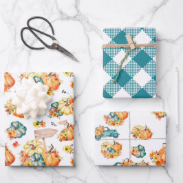 FALL AUTUMN PUMPKINS WATERCOLOR BLUME LKW GESCHENKPAPIER SET