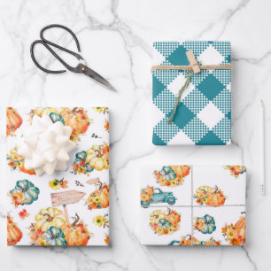 FALL AUTUMN PUMPKINS WATERCOLOR BLUME LKW GESCHENKPAPIER SET