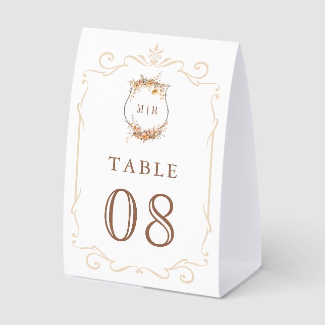 Fall Autumn Wildflower Crest Wedding Table Number Tischaufsteller (Vorderseite)