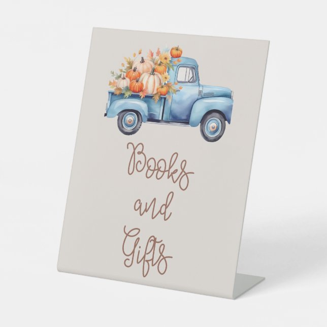 Fall Baby Dusche Blue Pumpkin LKW Bücher und Gesch Sockelschild (Vorderseite)