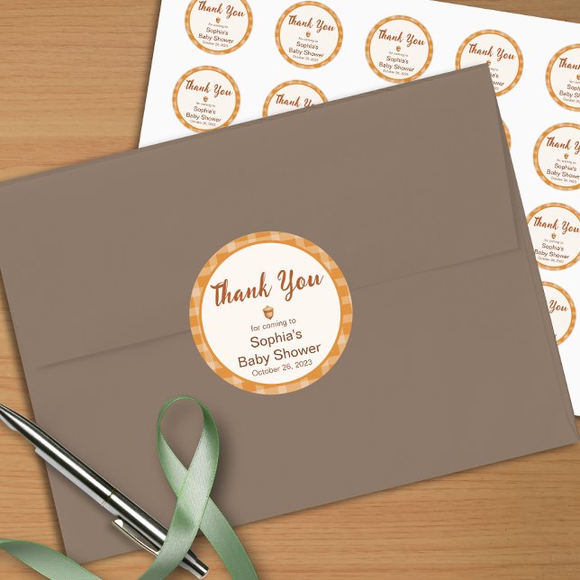 Fall Baby Dusche, Little Pumpkin, Kariert, Acorn, Runder Aufkleber (Von Creator hochgeladen)