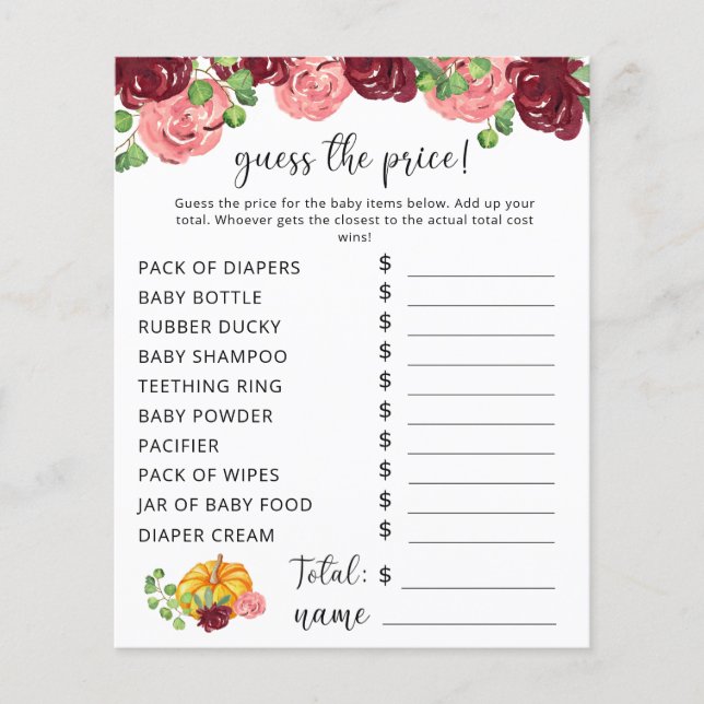 Fall Baby Dusche | Pumpkin Price Guess Game (Vorderseite)