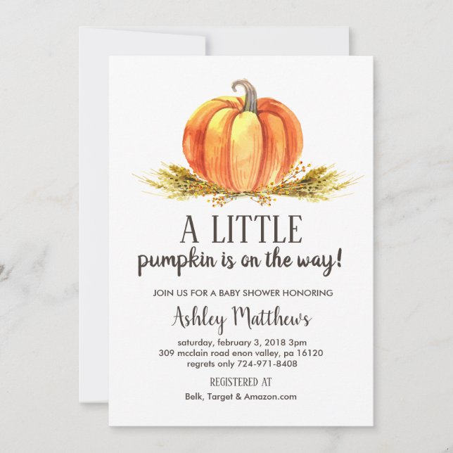 Fall-Babyparty, eine kleine Kürbis-Babyparty Einladung (Vorderseite)