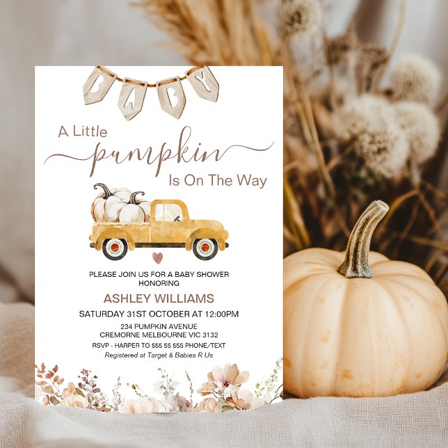 Fall Beige Brown Little Pumpkin Truck Baby Dusche Einladung (Gender Neutral Fall Pumpkin Baby Shower Invitation Template, Little Pumpkin Baby Shower Invitation)