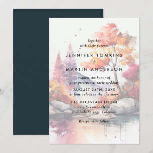 Fall Bergsee Bäume Wasserfarbenprächtige Hochzeit Einladung
