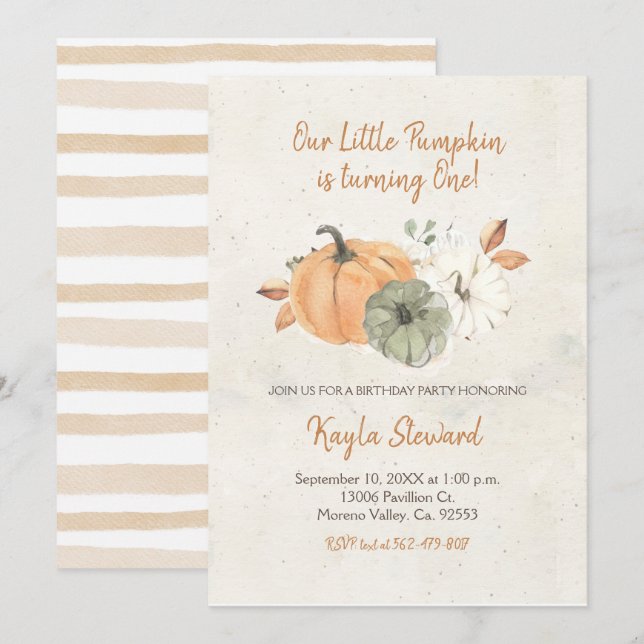 Fall Birthday Little Pumpkin ist eins Einladung (Vorne/Hinten)
