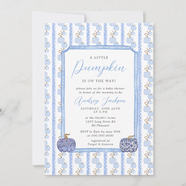 Fall Blue Chinoiserie Blue Pumpkin Baby Dusche Einladung (Vorderseite)