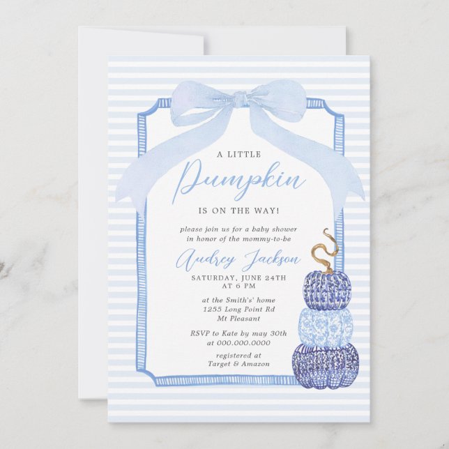 Fall Blue Chinoiserie Blue Pumpkin Baby Shower Inv Einladung (Vorderseite)